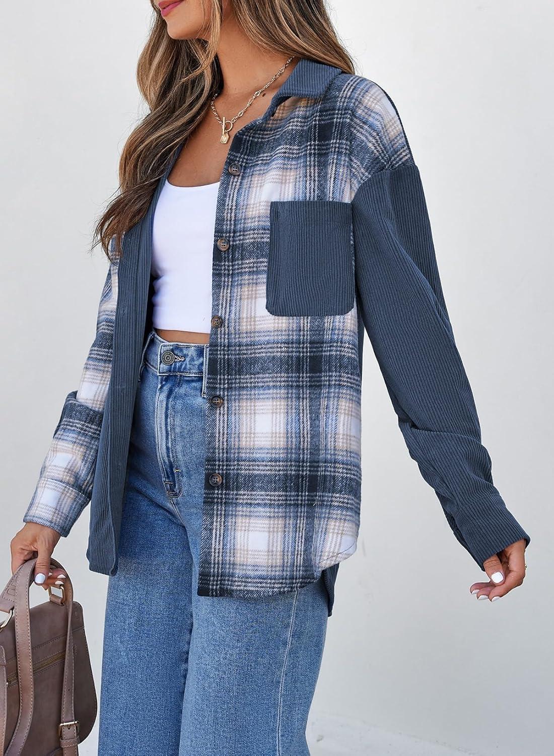 imageAstylish Womens Flannel Plaid Shirts Long Sleeve Button Down Shacket Color Block Blouse TopsNavy Blue