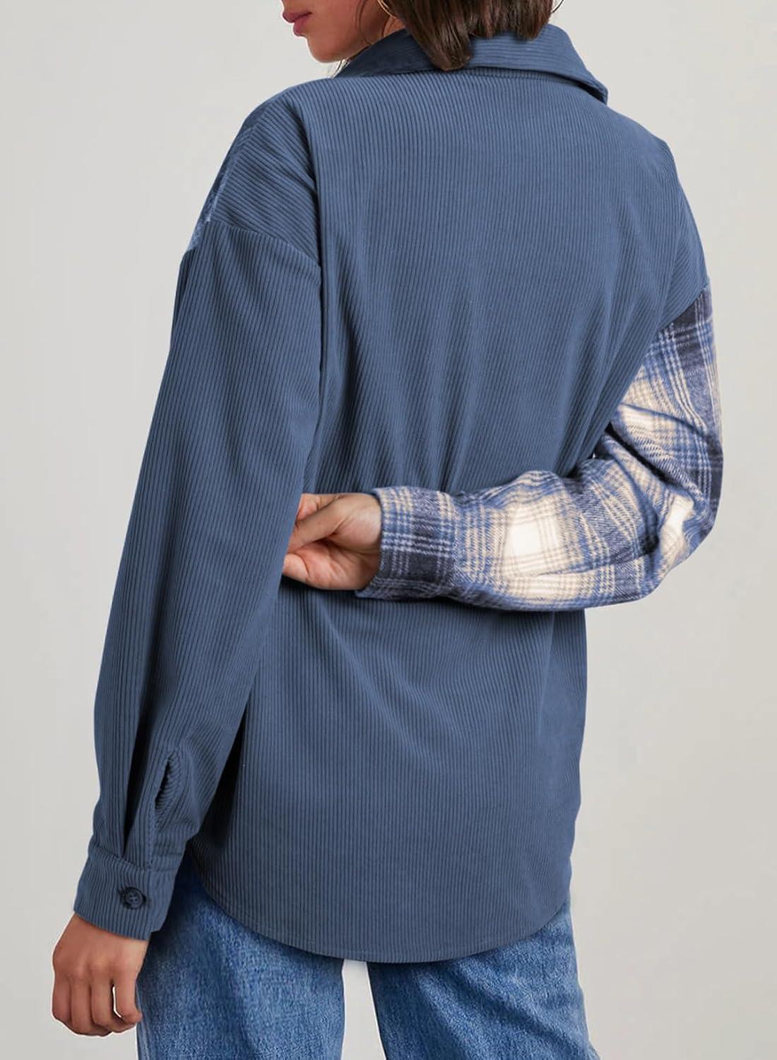 imageAstylish Womens Flannel Plaid Shirts Long Sleeve Button Down Shacket Color Block Blouse TopsNavy Blue