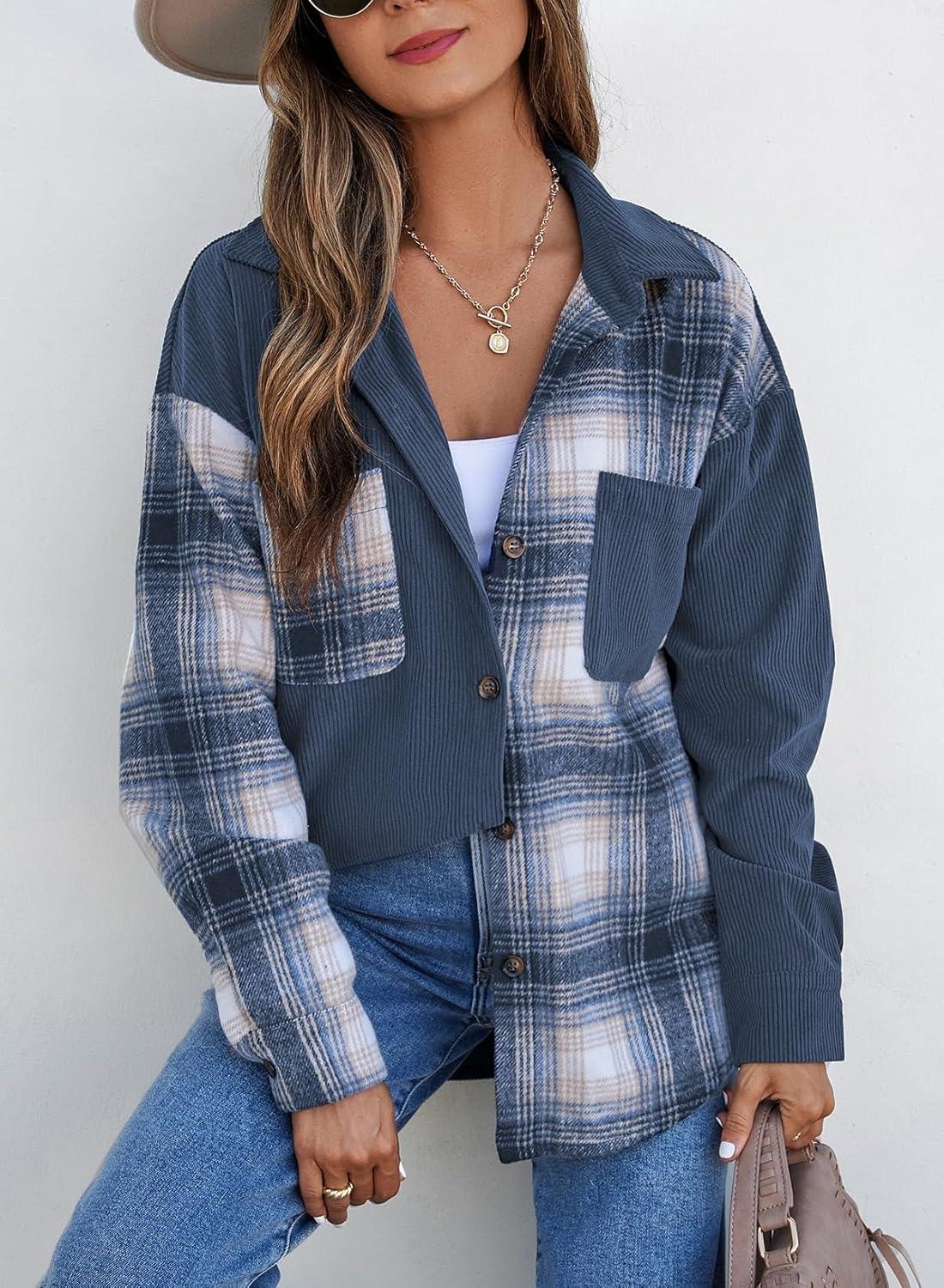 imageAstylish Womens Flannel Plaid Shirts Long Sleeve Button Down Shacket Color Block Blouse TopsNavy Blue