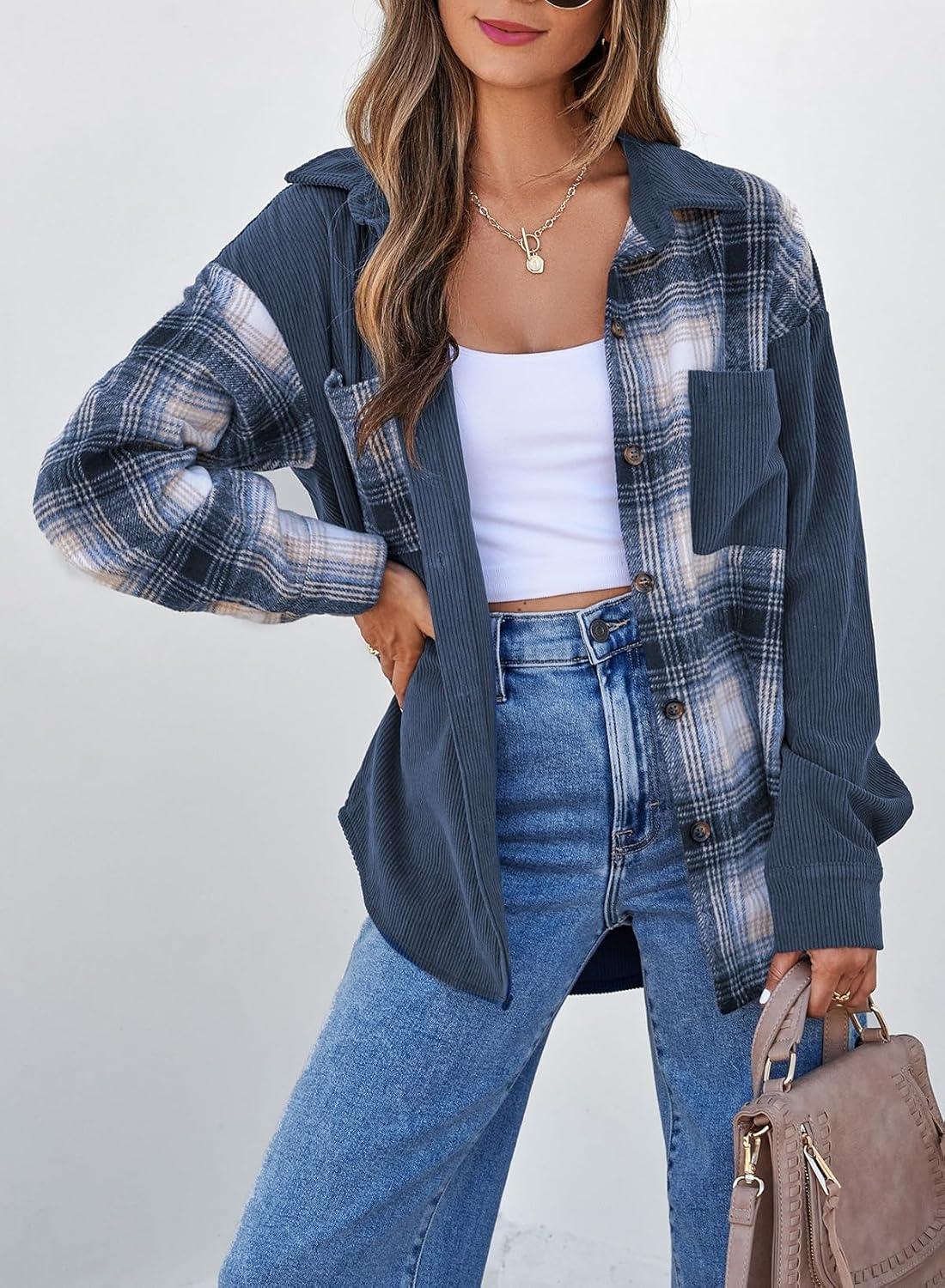 imageAstylish Womens Flannel Plaid Shirts Long Sleeve Button Down Shacket Color Block Blouse TopsNavy Blue