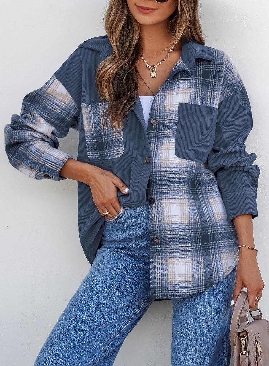 imageAstylish Womens Flannel Plaid Shirts Long Sleeve Button Down Shacket Color Block Blouse TopsNavy Blue