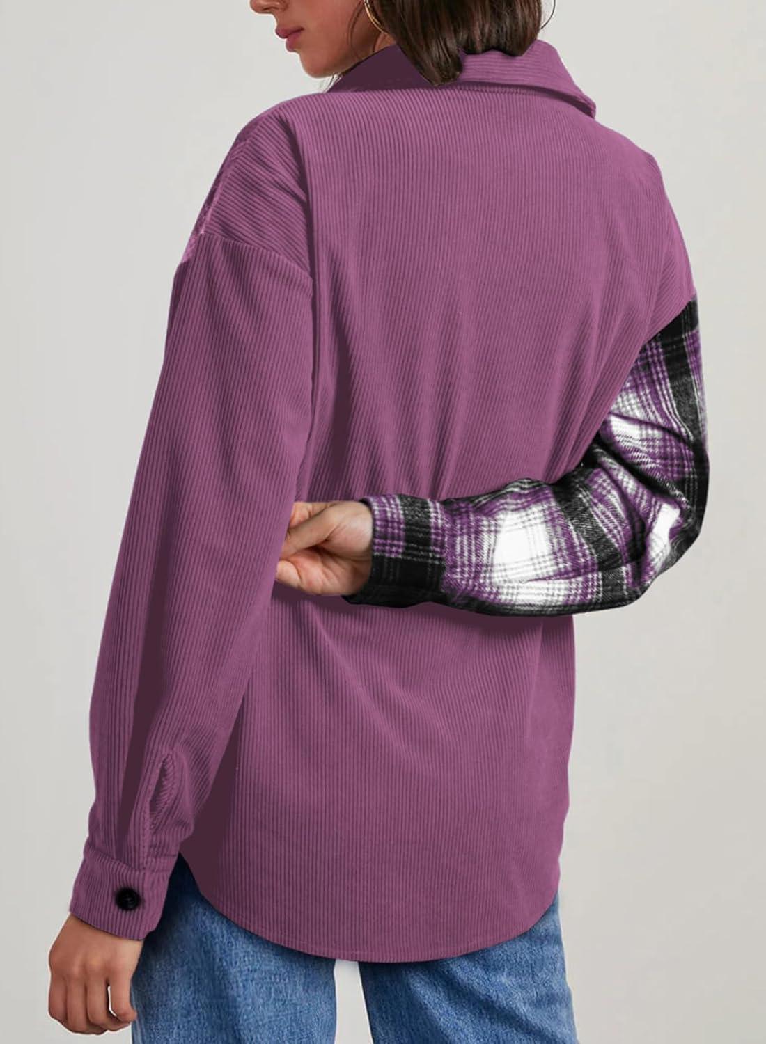 imageAstylish Womens Flannel Plaid Shirts Long Sleeve Button Down Shacket Color Block Blouse TopsOrchid Petal