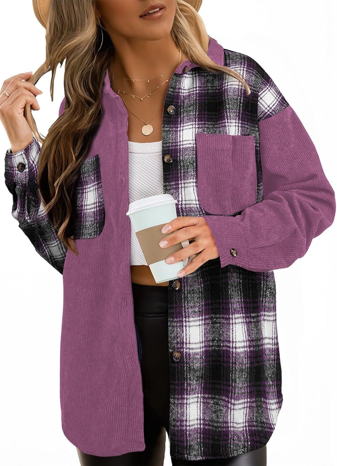 imageAstylish Womens Flannel Plaid Shirts Long Sleeve Button Down Shacket Color Block Blouse TopsOrchid Petal