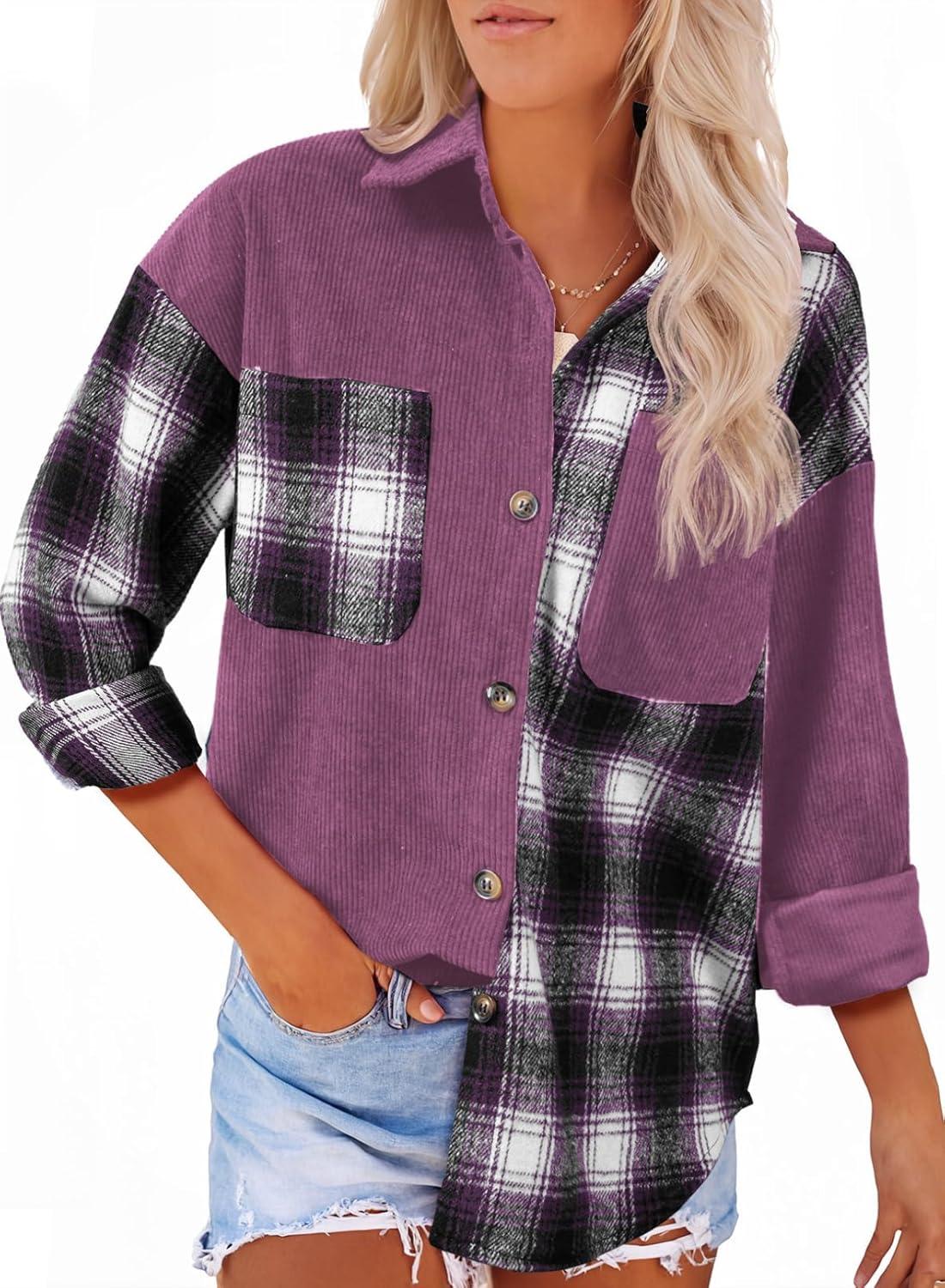 imageAstylish Womens Flannel Plaid Shirts Long Sleeve Button Down Shacket Color Block Blouse TopsOrchid Petal