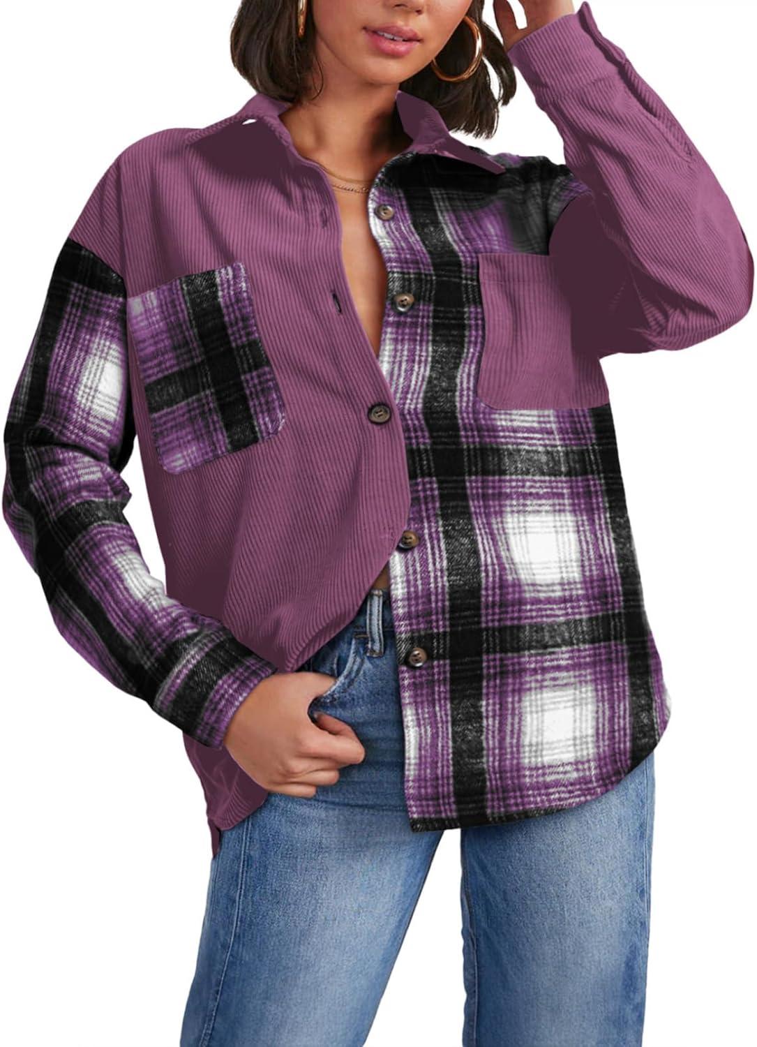 imageAstylish Womens Flannel Plaid Shirts Long Sleeve Button Down Shacket Color Block Blouse TopsOrchid Petal