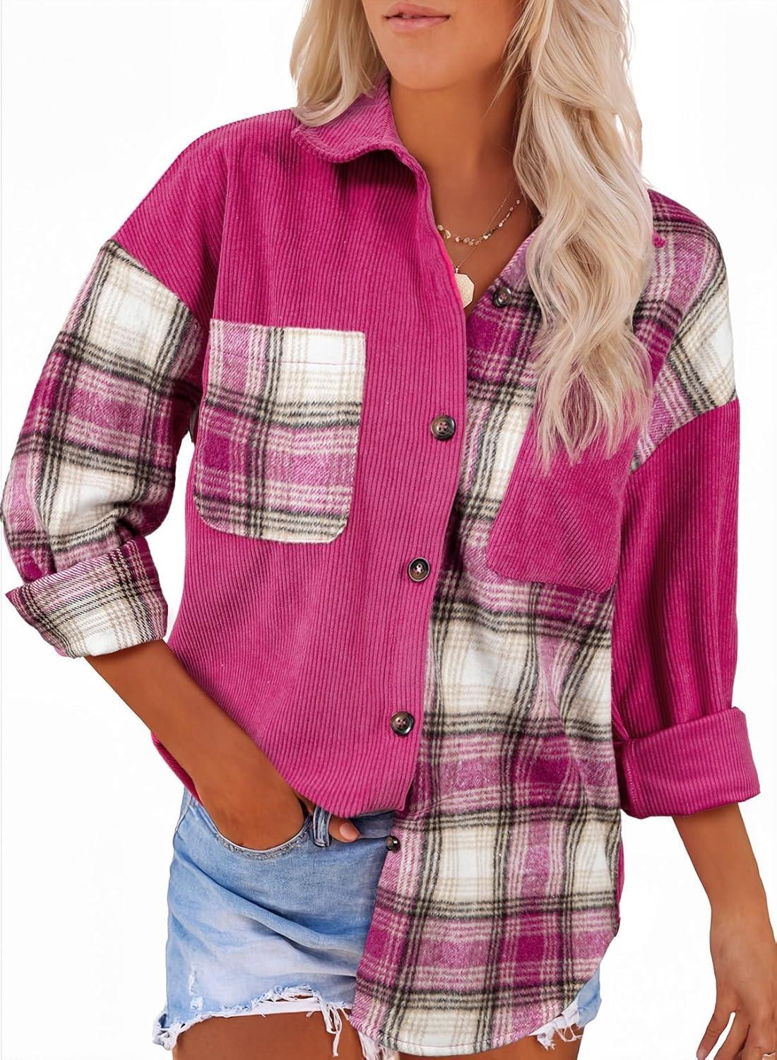 imageAstylish Womens Flannel Plaid Shirts Long Sleeve Button Down Shacket Color Block Blouse TopsRose Red
