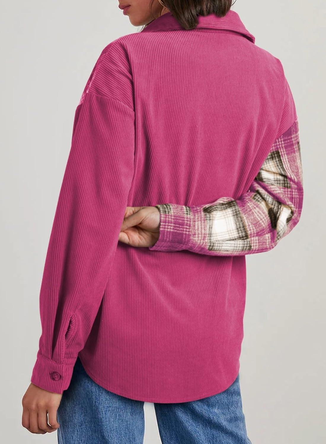 imageAstylish Womens Flannel Plaid Shirts Long Sleeve Button Down Shacket Color Block Blouse TopsRose Red