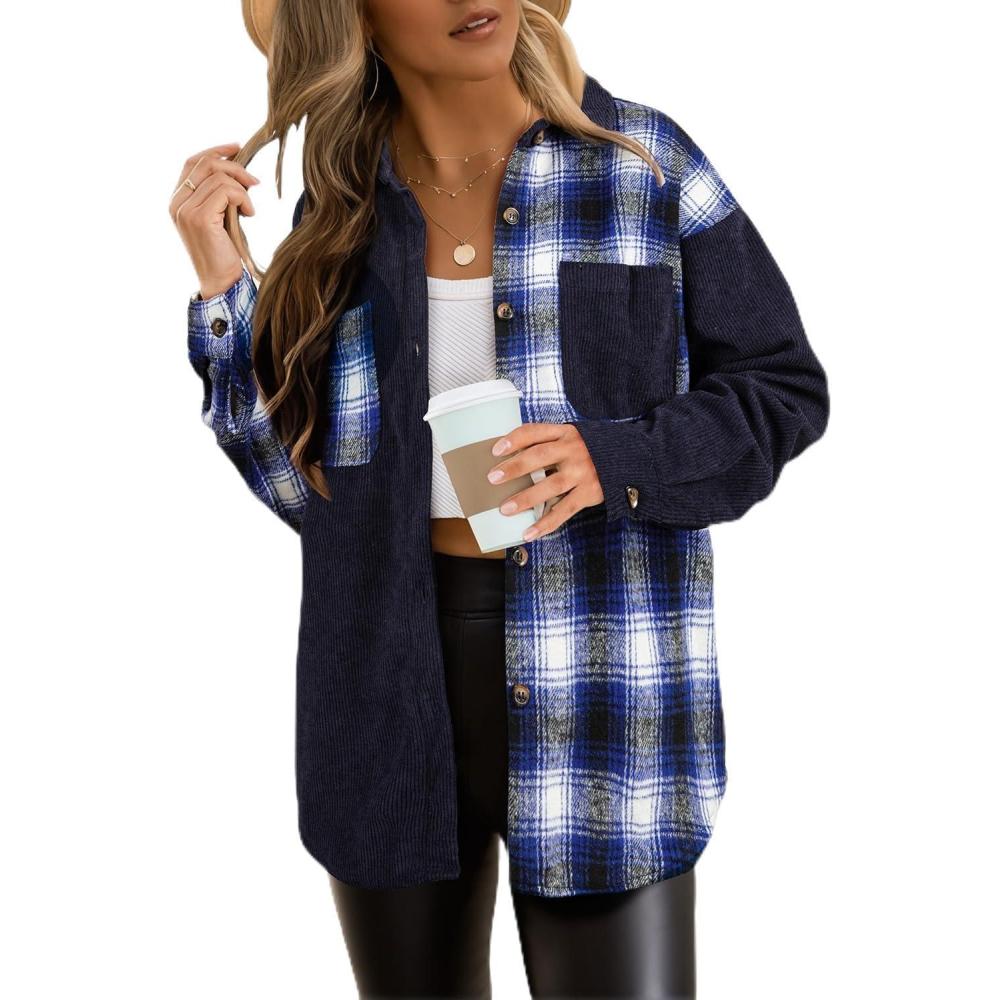 imageAstylish Womens Flannel Plaid Shirts Long Sleeve Button Down Shacket Color Block Blouse TopsBluing