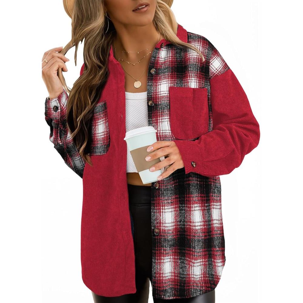 imageAstylish Womens Flannel Plaid Shirts Long Sleeve Button Down Shacket Color Block Blouse TopsFiery Red