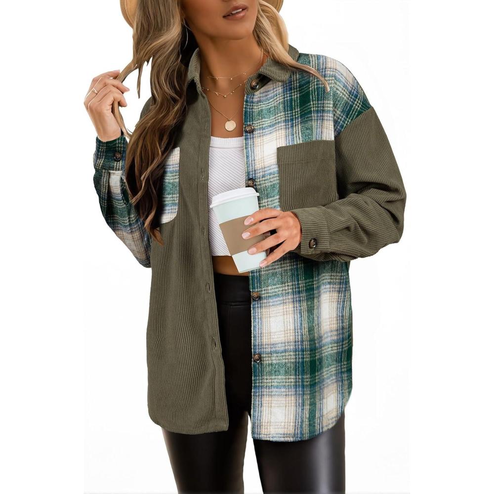 imageAstylish Womens Flannel Plaid Shirts Long Sleeve Button Down Shacket Color Block Blouse TopsMist Green
