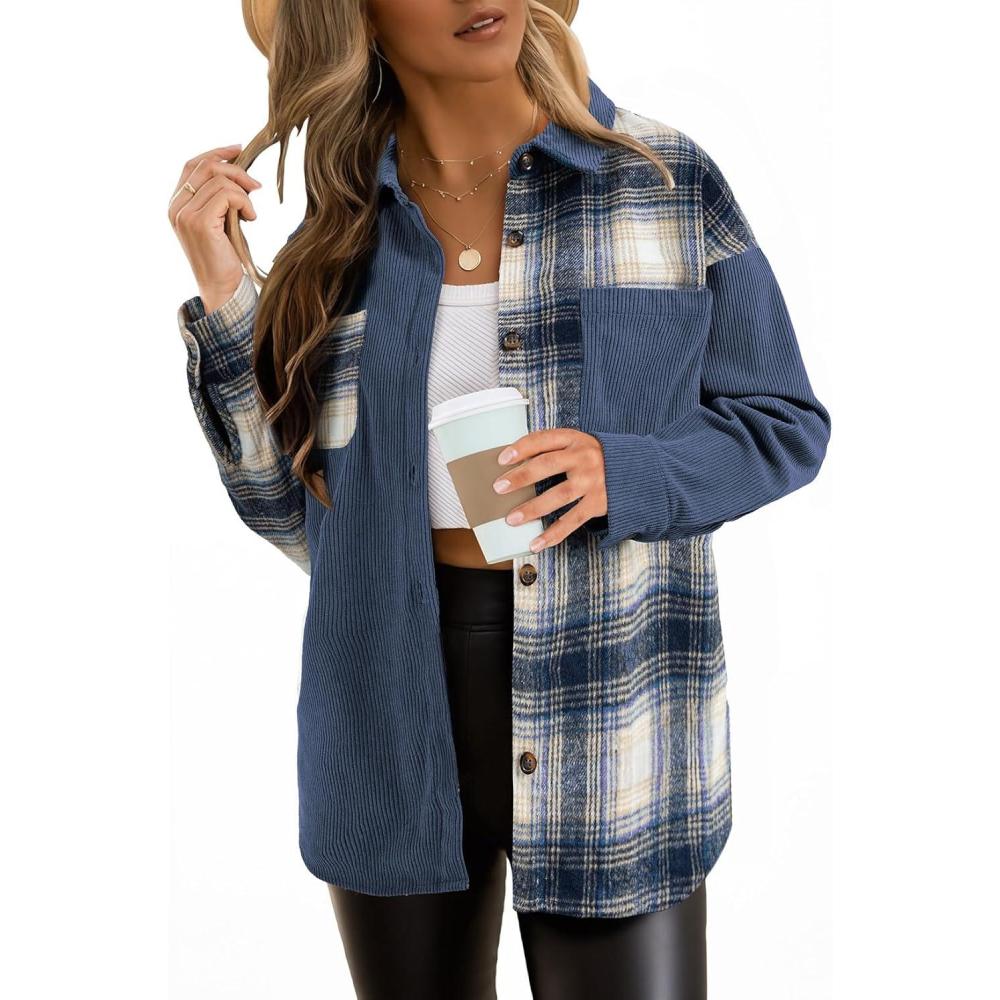 imageAstylish Womens Flannel Plaid Shirts Long Sleeve Button Down Shacket Color Block Blouse TopsNavy Blue