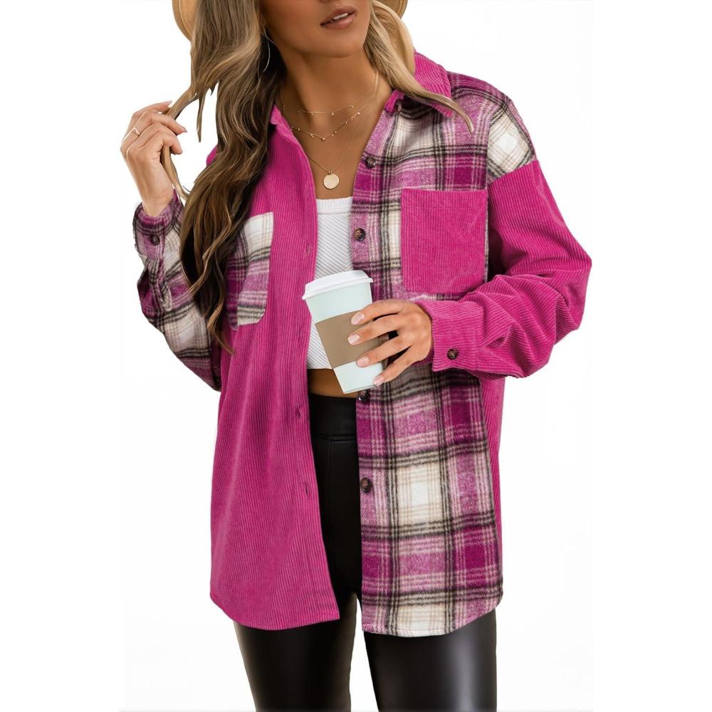imageAstylish Womens Flannel Plaid Shirts Long Sleeve Button Down Shacket Color Block Blouse TopsRose Red