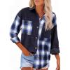 imageAstylish Womens Flannel Plaid Shirts Long Sleeve Button Down Shacket Color Block Blouse TopsBluing