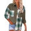 imageAstylish Womens Flannel Plaid Shirts Long Sleeve Button Down Shacket Color Block Blouse TopsMist Green