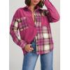 imageAstylish Womens Flannel Plaid Shirts Long Sleeve Button Down Shacket Color Block Blouse TopsRose Red