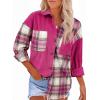 imageAstylish Womens Flannel Plaid Shirts Long Sleeve Button Down Shacket Color Block Blouse TopsRose Red