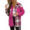 imageAstylish Womens Flannel Plaid Shirts Long Sleeve Button Down Shacket Color Block Blouse TopsRose Red