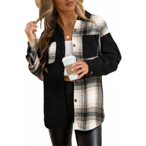 imageAstylish Womens Flannel Plaid Shirts Long Sleeve Button Down Shacket Color Block Blouse TopsBlack