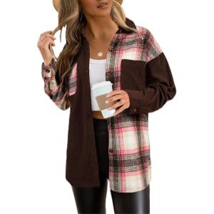 imageAstylish Womens Flannel Plaid Shirts Long Sleeve Button Down Shacket Color Block Blouse TopsDesert Palm