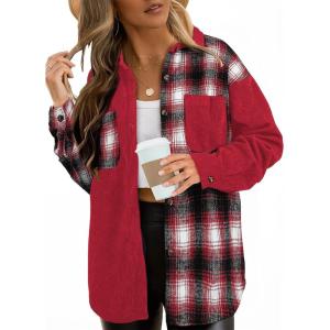 imageAstylish Womens Flannel Plaid Shirts Long Sleeve Button Down Shacket Color Block Blouse TopsFiery Red