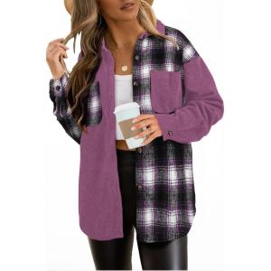imageAstylish Womens Flannel Plaid Shirts Long Sleeve Button Down Shacket Color Block Blouse TopsOrchid Petal