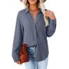 imageAstylish Women 2026 Loose Fit Tops Cotton Linen Button Down Shirts Collared Roll Up Long Sleeve V Neck BlousesDusk Blue