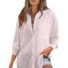 imageAstylish Women 2026 Loose Fit Tops Cotton Linen Button Down Shirts Collared Roll Up Long Sleeve V Neck BlousesGray