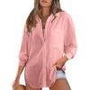 imageAstylish Women 2026 Loose Fit Tops Cotton Linen Button Down Shirts Collared Roll Up Long Sleeve V Neck BlousesLight Pink