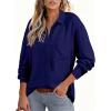 imageAstylish Women 2026 Loose Fit Tops Cotton Linen Button Down Shirts Collared Roll Up Long Sleeve V Neck BlousesNavy Blue