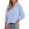 imageAstylish Women 2026 Loose Fit Tops Cotton Linen Button Down Shirts Collared Roll Up Long Sleeve V Neck BlousesSky Blue