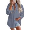 imageAstylish Women 2026 Loose Fit Tops Cotton Linen Button Down Shirts Collared Roll Up Long Sleeve V Neck BlousesDusk Blue