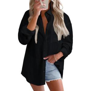 imageAstylish Women 2026 Loose Fit Tops Cotton Linen Button Down Shirts Collared Roll Up Long Sleeve V Neck BlousesBlack