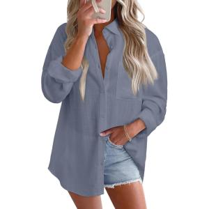imageAstylish Women 2026 Loose Fit Tops Cotton Linen Button Down Shirts Collared Roll Up Long Sleeve V Neck BlousesDusk Blue