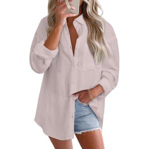 imageAstylish Women 2026 Loose Fit Tops Cotton Linen Button Down Shirts Collared Roll Up Long Sleeve V Neck BlousesGray