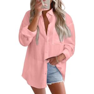 imageAstylish Women 2026 Loose Fit Tops Cotton Linen Button Down Shirts Collared Roll Up Long Sleeve V Neck BlousesLight Pink
