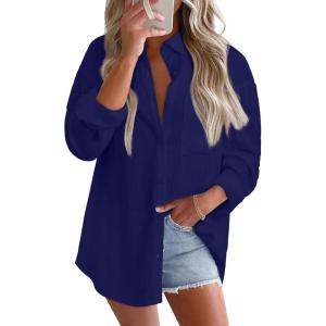 imageAstylish Women 2026 Loose Fit Tops Cotton Linen Button Down Shirts Collared Roll Up Long Sleeve V Neck BlousesNavy Blue