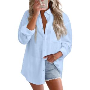 imageAstylish Women 2026 Loose Fit Tops Cotton Linen Button Down Shirts Collared Roll Up Long Sleeve V Neck BlousesSky Blue