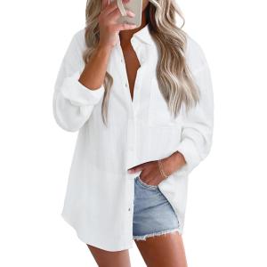 imageAstylish Women 2026 Loose Fit Tops Cotton Linen Button Down Shirts Collared Roll Up Long Sleeve V Neck BlousesWhite