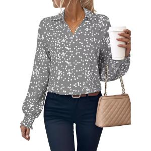 imageAstylish Womens Trendy Polka Dot Alicia Floral Blouses Long Sleeve Shirts Chiffon V Neck Bohemian Collared TopsGray