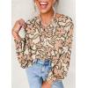 imageAstylish Womens 2026 Boho Floral Loose Spring Summer Tops Lantern Sleeve Flowy Blouses V Neck Button Down ShirtsKhaki