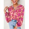 imageAstylish Womens 2026 Boho Floral Loose Spring Summer Tops Lantern Sleeve Flowy Blouses V Neck Button Down ShirtsPink