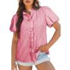 imageAstylish Women Striped Blouses Spring Summer Ruffle Collar Puff Sleeve Button Down Shirts Business Casual TopsPink