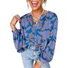 imageAstylish Womens 2026 Boho Floral Loose Spring Summer Tops Lantern Sleeve Flowy Blouses V Neck Button Down ShirtsBlue