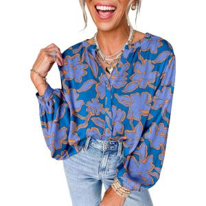 imageAstylish Womens 2026 Boho Floral Loose Spring Summer Tops Lantern Sleeve Flowy Blouses V Neck Button Down ShirtsBlue