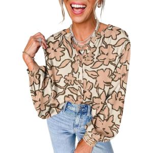 imageAstylish Womens 2026 Boho Floral Loose Spring Summer Tops Lantern Sleeve Flowy Blouses V Neck Button Down ShirtsKhaki