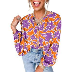 imageAstylish Womens 2026 Boho Floral Loose Spring Summer Tops Lantern Sleeve Flowy Blouses V Neck Button Down ShirtsOrange