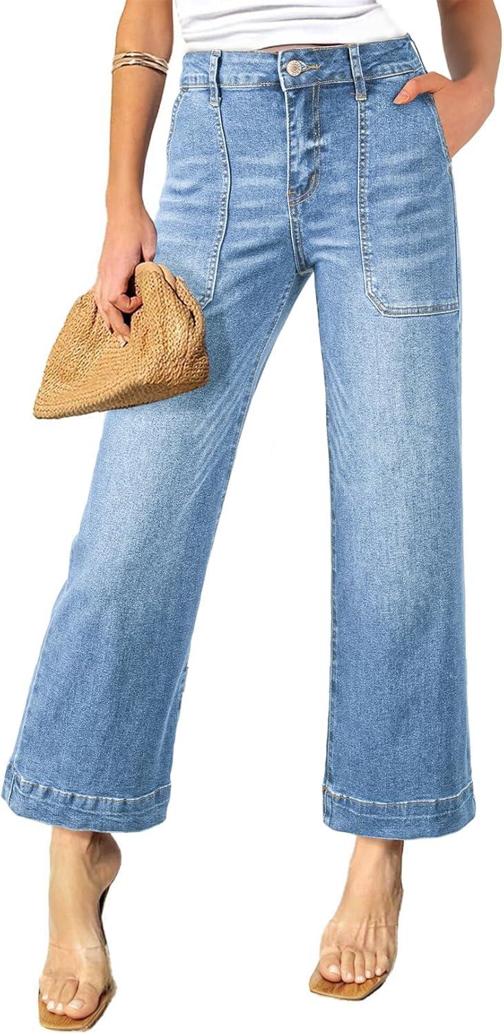 imageAstylish Womens 2026 Stretchy Wide Leg High Waisted Jeans Tummy Control Casual Cropped Ankle Denim PantsAshleigh Blue