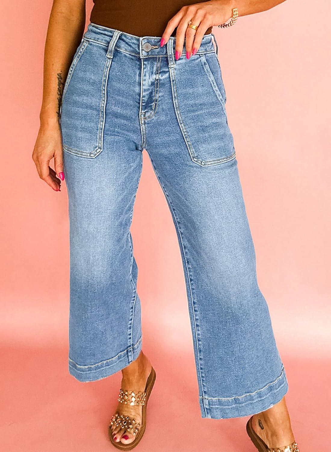 imageAstylish Womens 2026 Stretchy Wide Leg High Waisted Jeans Tummy Control Casual Cropped Ankle Denim PantsAshleigh Blue