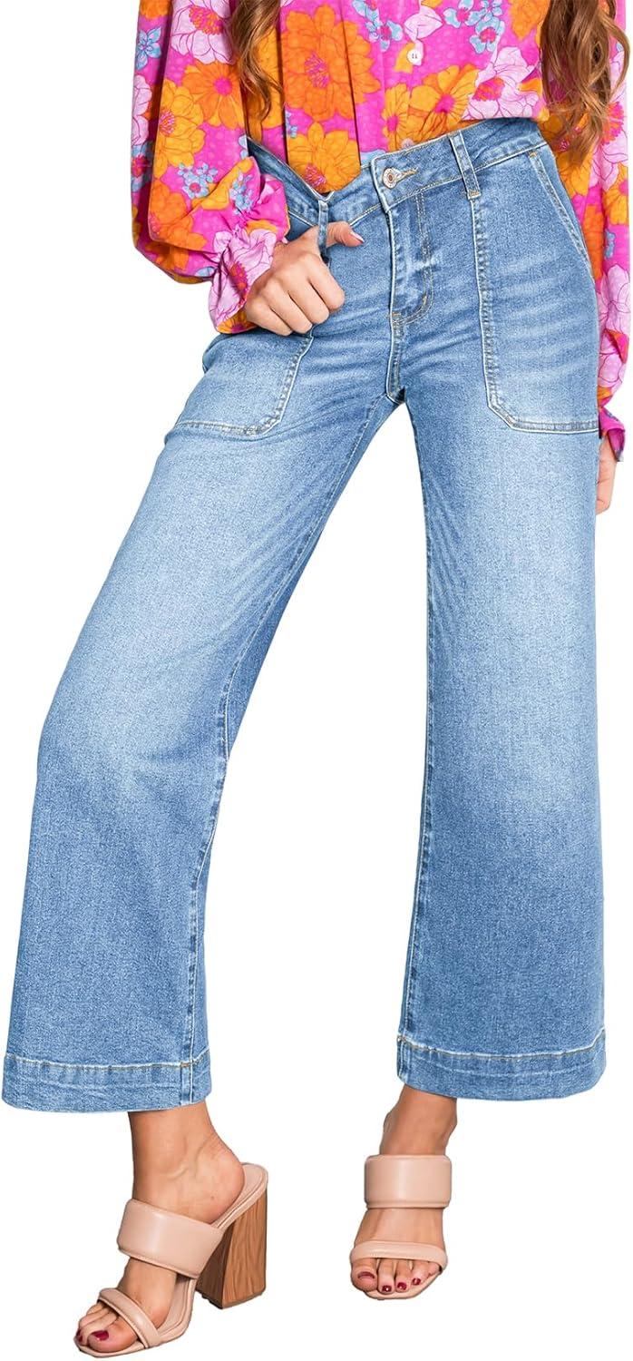 imageAstylish Womens 2026 Stretchy Wide Leg High Waisted Jeans Tummy Control Casual Cropped Ankle Denim PantsAshleigh Blue