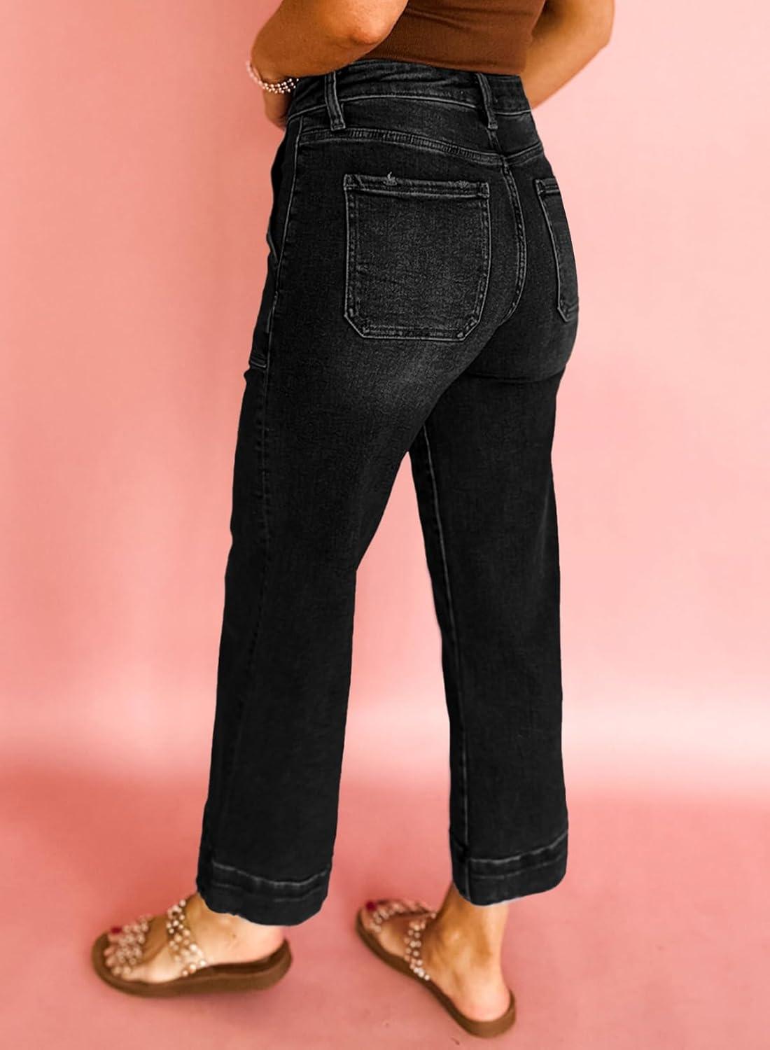 imageAstylish Womens 2026 Stretchy Wide Leg High Waisted Jeans Tummy Control Casual Cropped Ankle Denim PantsBlack